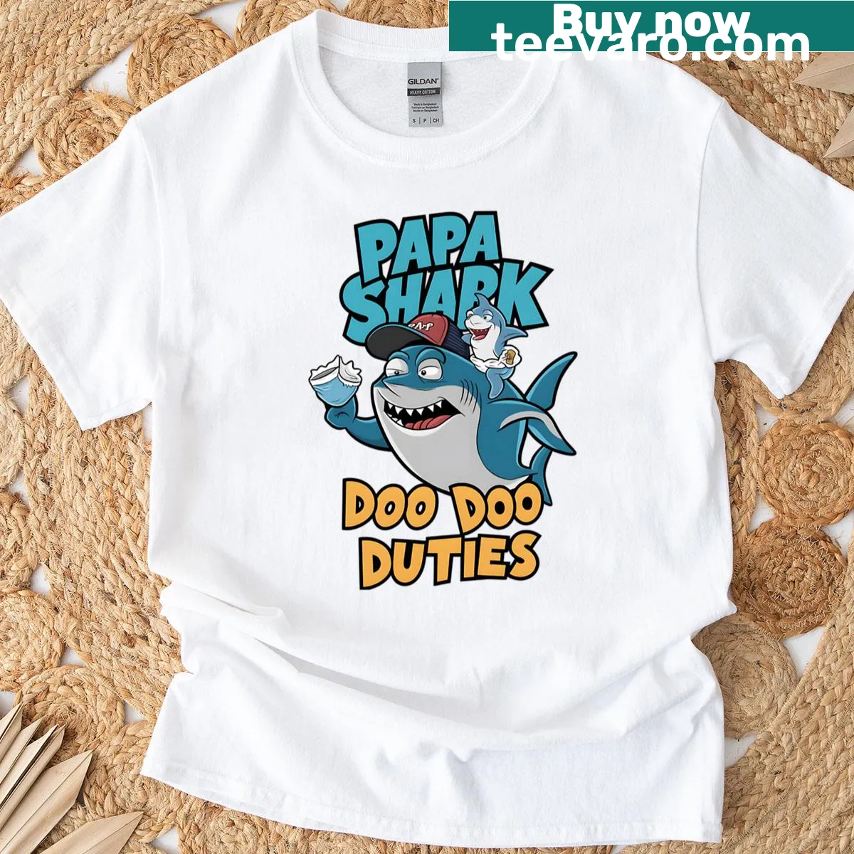 Cartoon shark with 'Doo Doo Doo' text for dads. — on a men's t-shirt