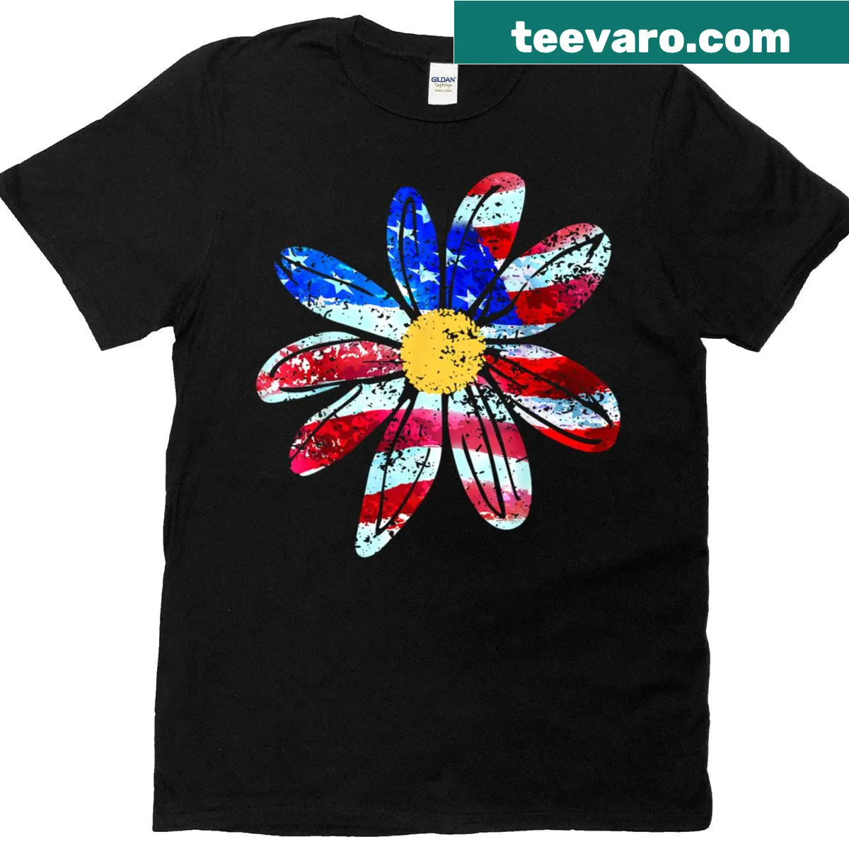 Daisy with American flag design T-shirt for July 4th — on a men's t-shirt