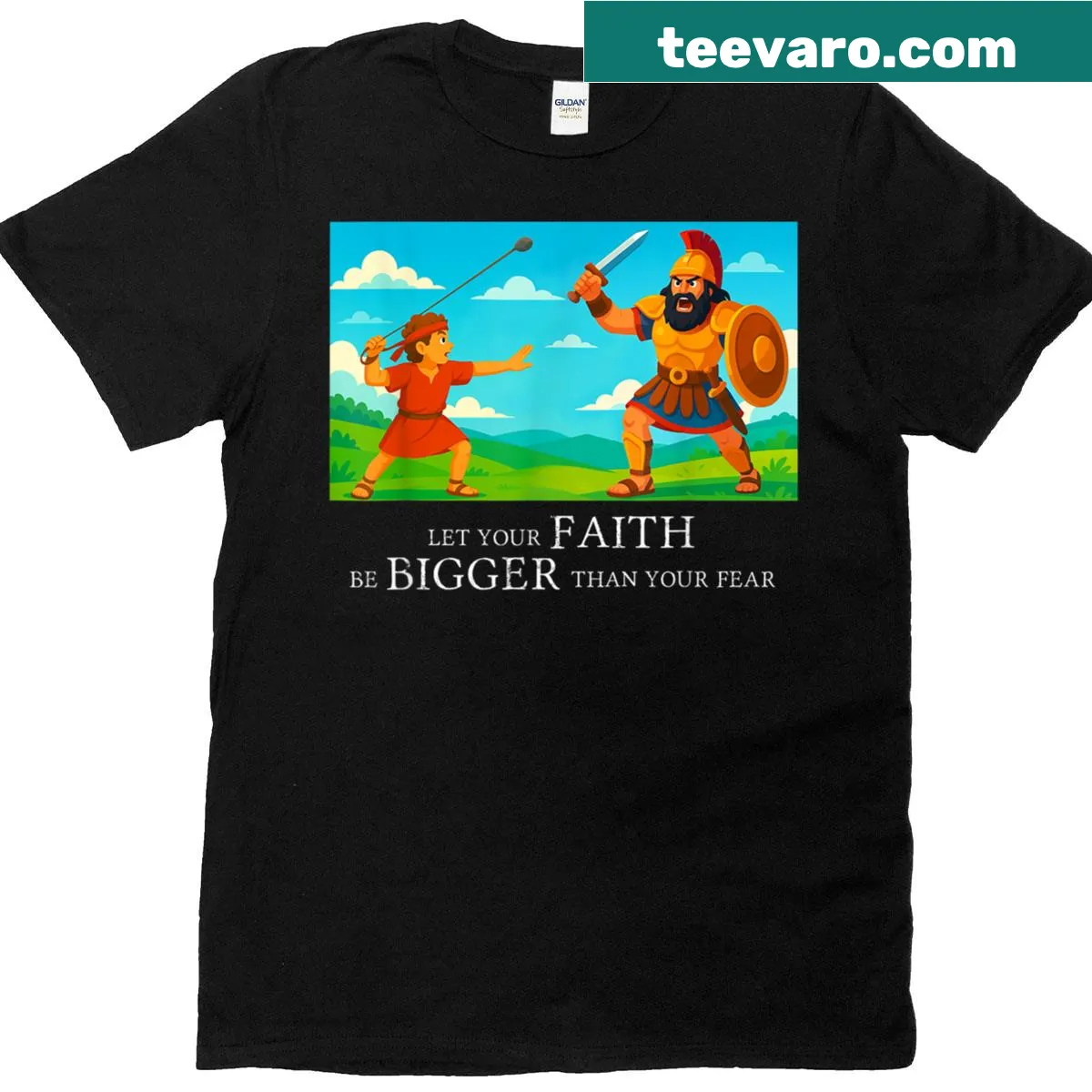 Inspirational David and Goliath graphic on a T-shirt. — on a men's t-shirt