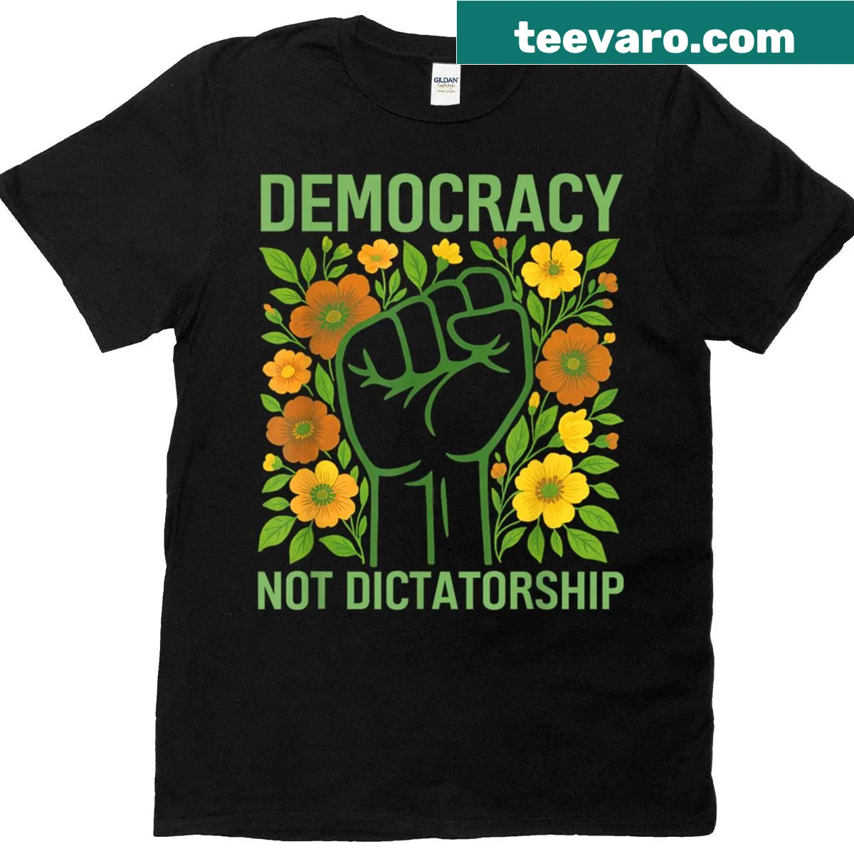 Floral T-shirt promoting democracy with subtle design for women — on a men's t-shirt