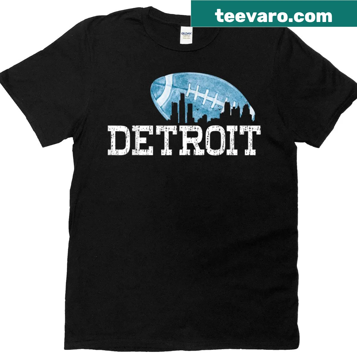 Detroit-themed t-shirt with skyline and landmarks graphic — on a men's t-shirt