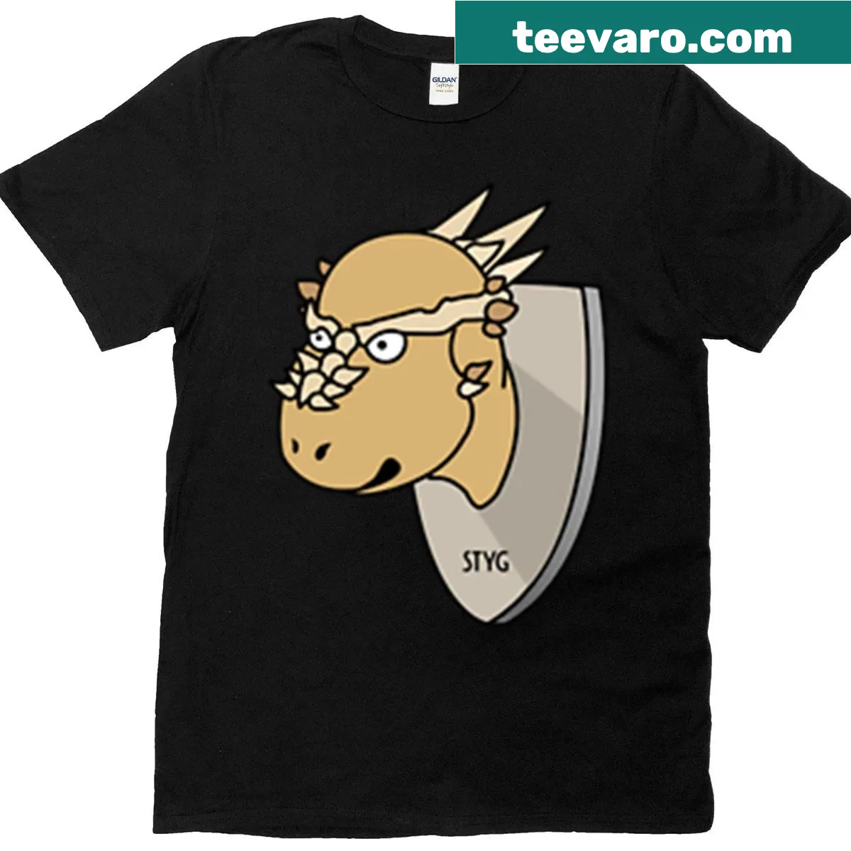 Dino graphic t-shirt featuring Stygimoloch illustration — on a men's t-shirt