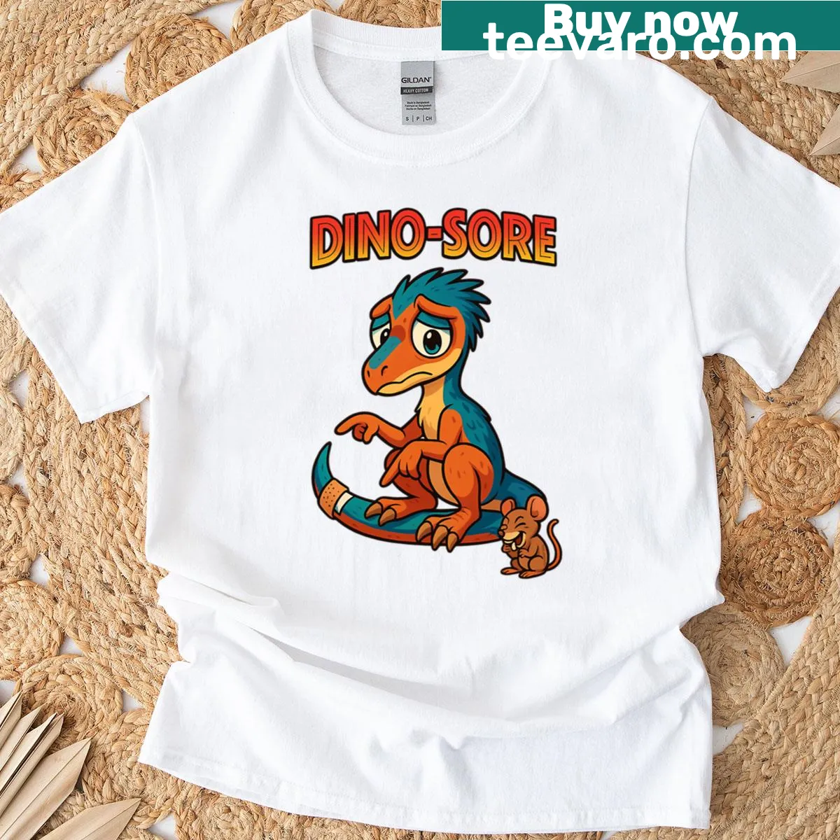 Cartoon dinosaur looking tired in a humorous illustration on a t-shirt — on a men's t-shirt
