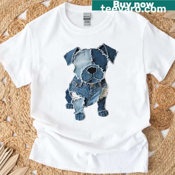 Artistic T-shirt with a patchwork dog pattern