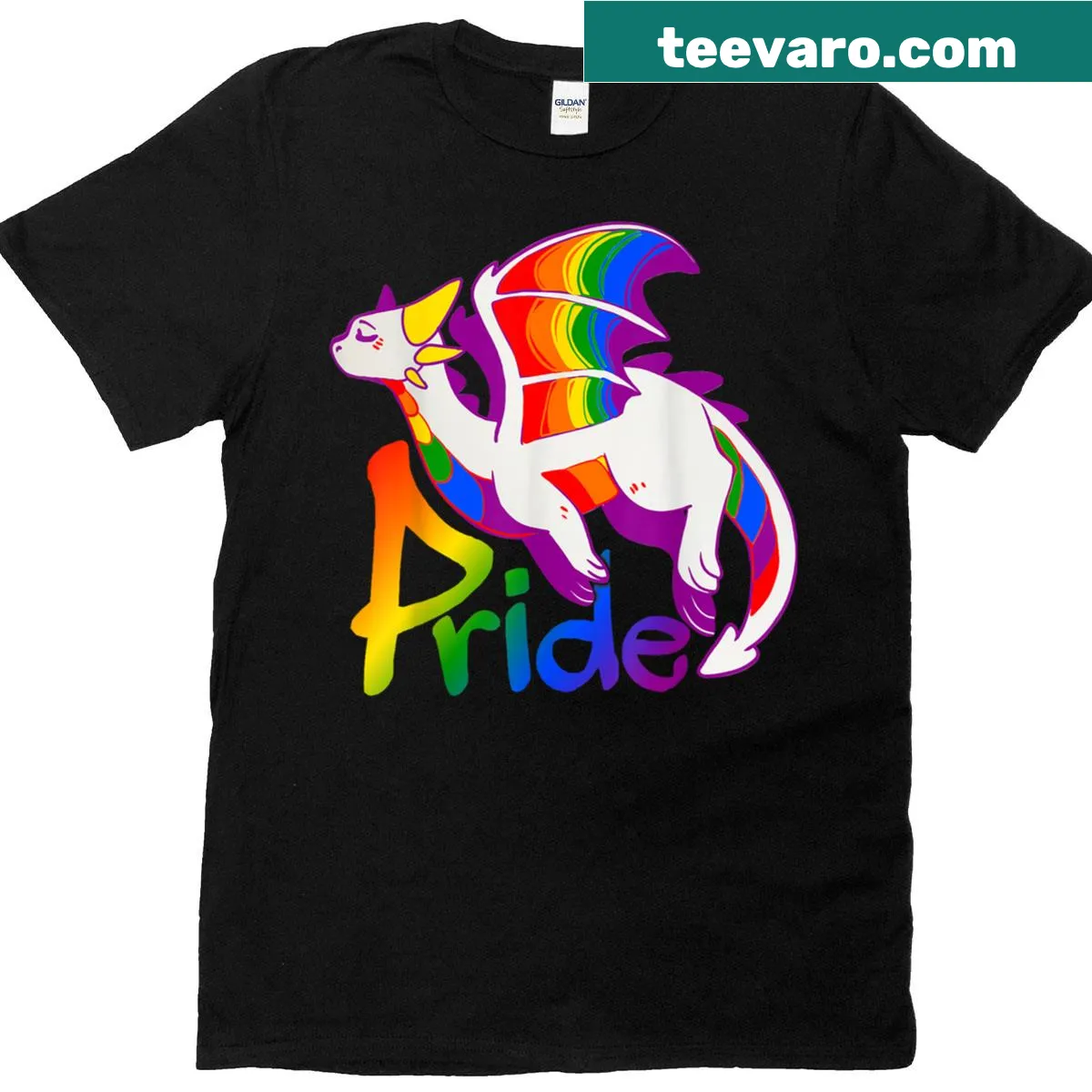 LGBTQ+ pride t-shirt featuring a dragon and rainbow flag — on a men's t-shirt