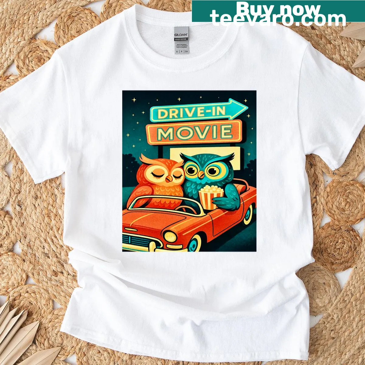 Retro Drive-in Movie Owls T-shirt with starry night graphic — on a men's t-shirt