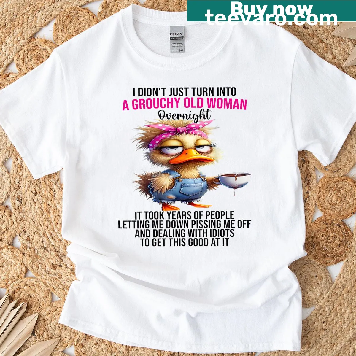 Funny grouchy old woman t-shirt with humorous text — on a men's t-shirt