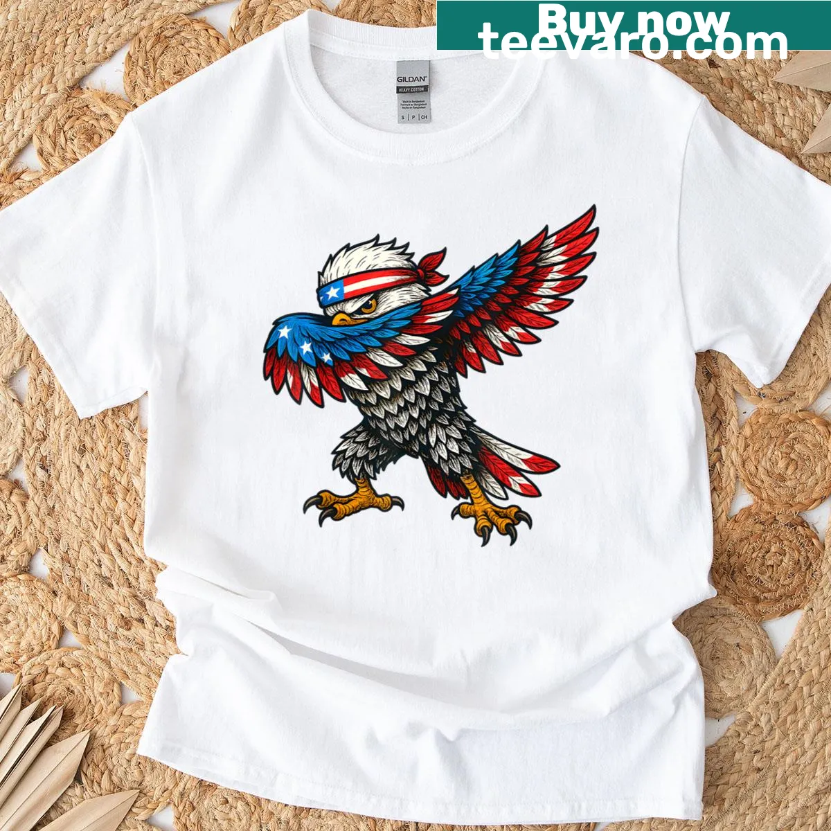 Cartoon eagle dabbing in front of the USA flag. — on a men's t-shirt