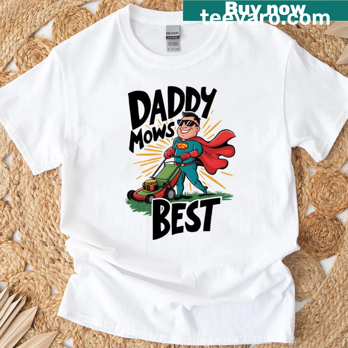 Funny 'Father Mows Best' shirt with lawn mowing design — on a men's t-shirt