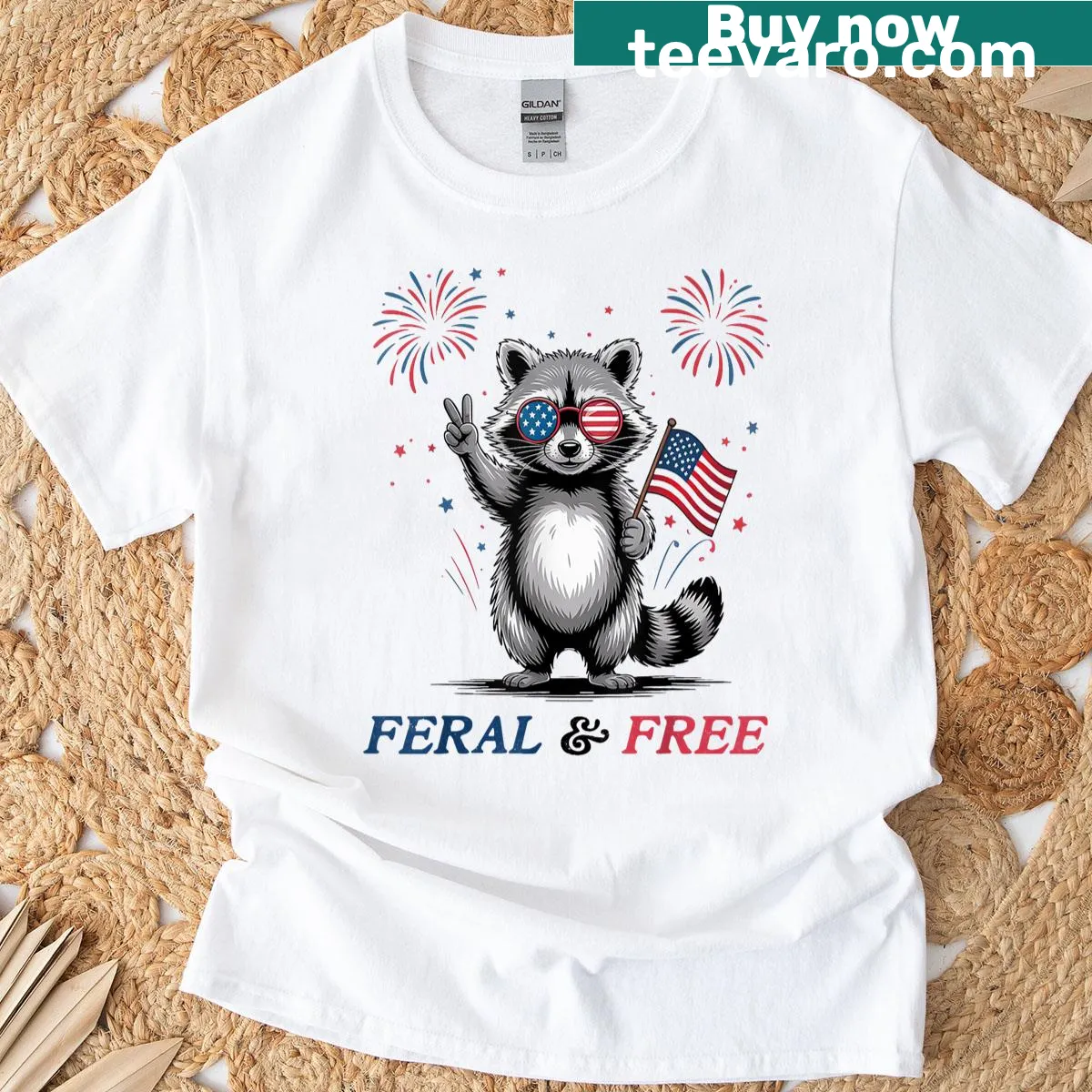 Funny raccoon t-shirt with humorous slogan for 4th of July — on a men's t-shirt