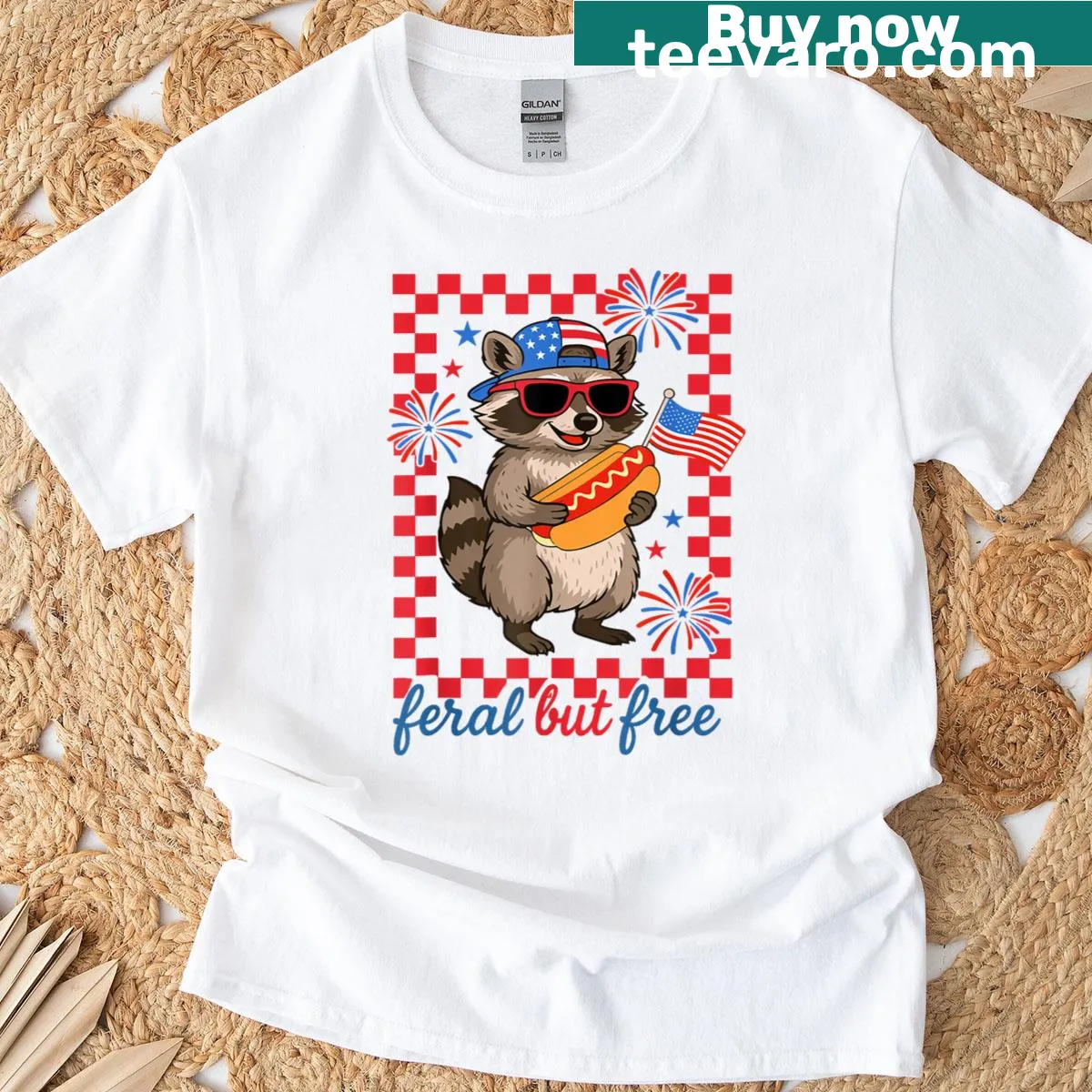 Funny raccoon graphic on a Fourth of July T-shirt — on a men's t-shirt