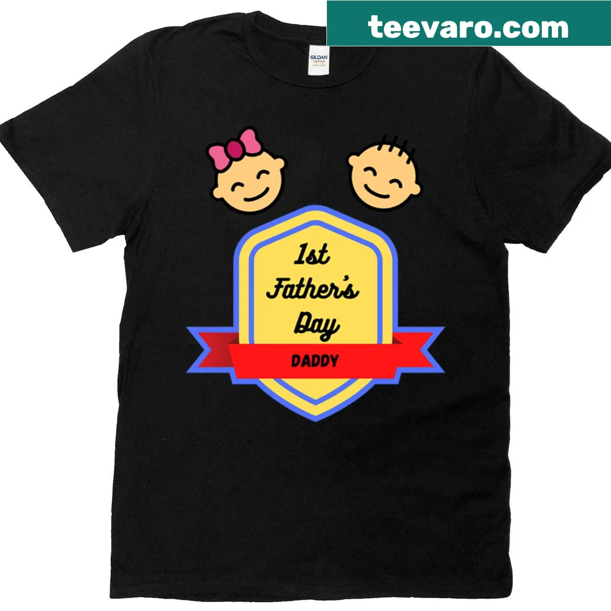 Celebratory First Father's Day text t-shirt — on a men's t-shirt