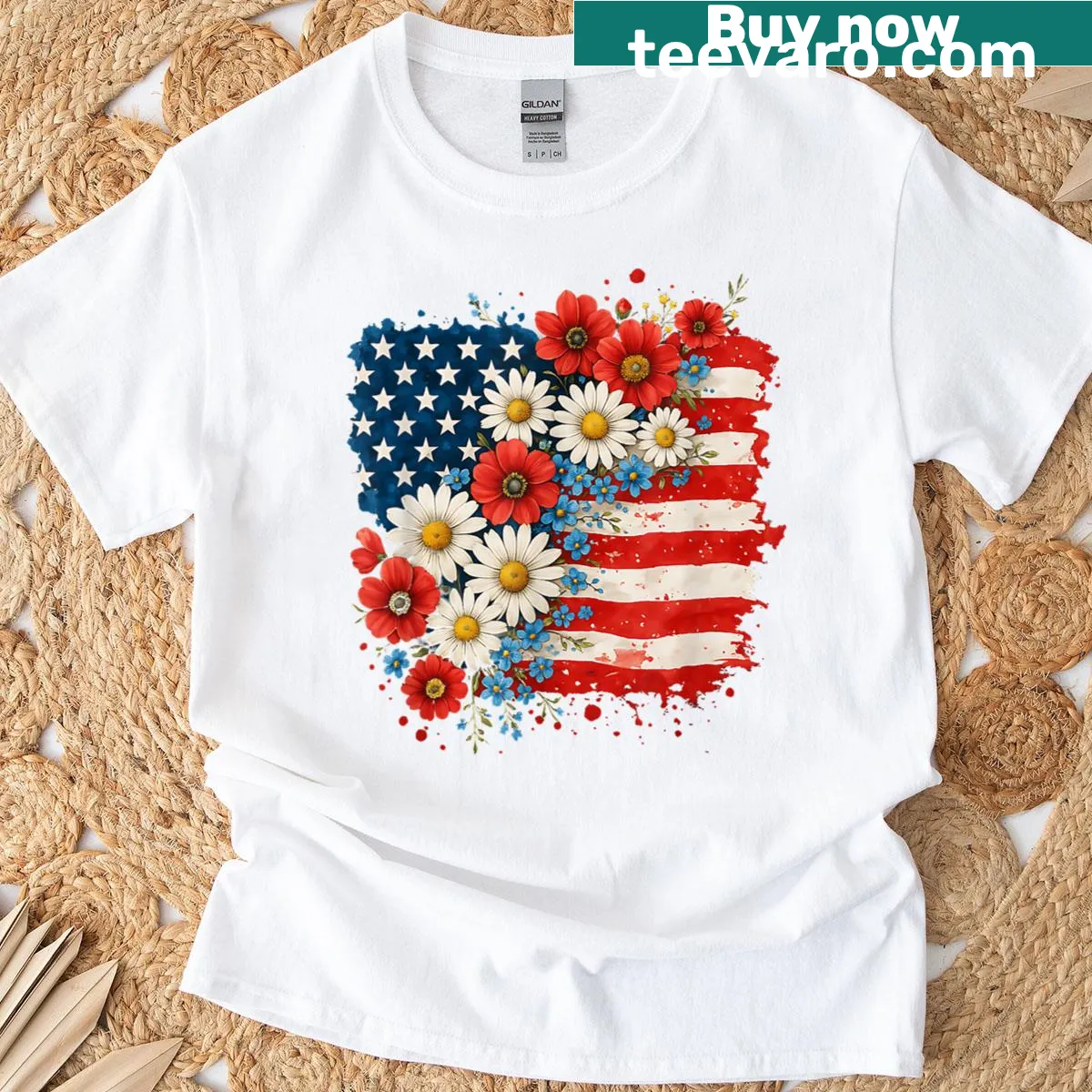 Floral American Flag T-shirt with daisies for July 4th — on a men's t-shirt