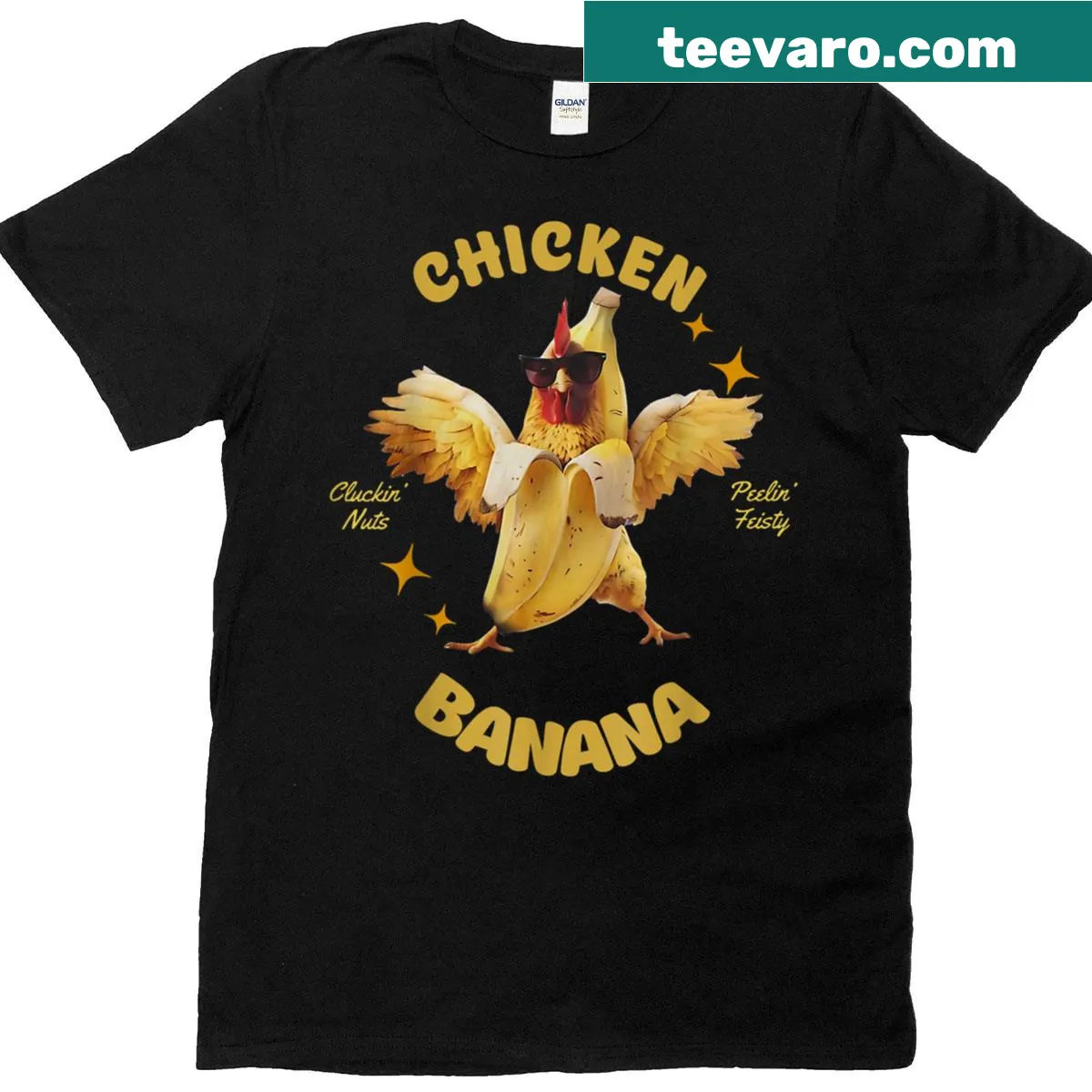 Whimsical t-shirt featuring a dancing chicken and banana — on a men's t-shirt
