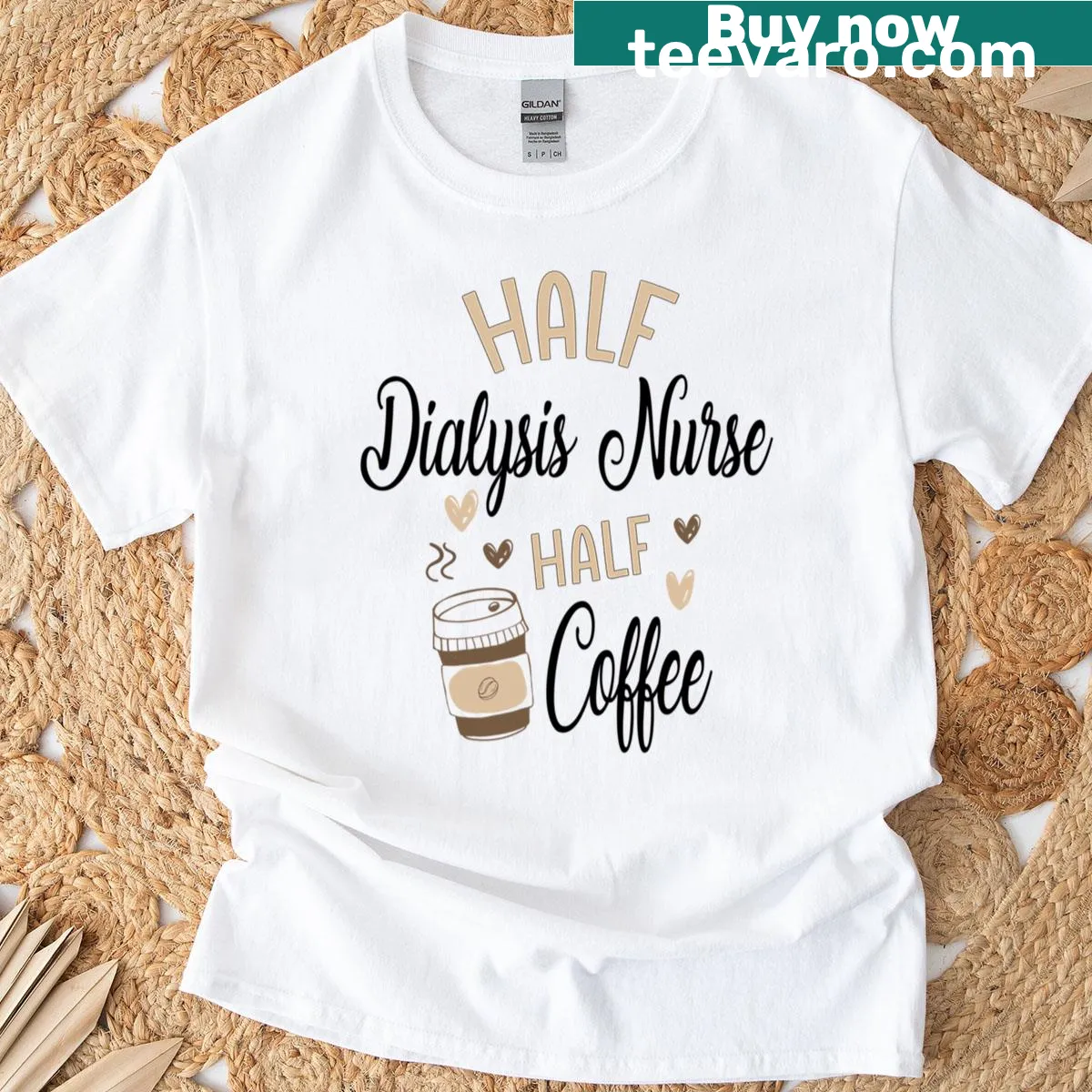 Funny dialysis nurse t-shirt with coffee-themed design and humorous text — on a men's t-shirt