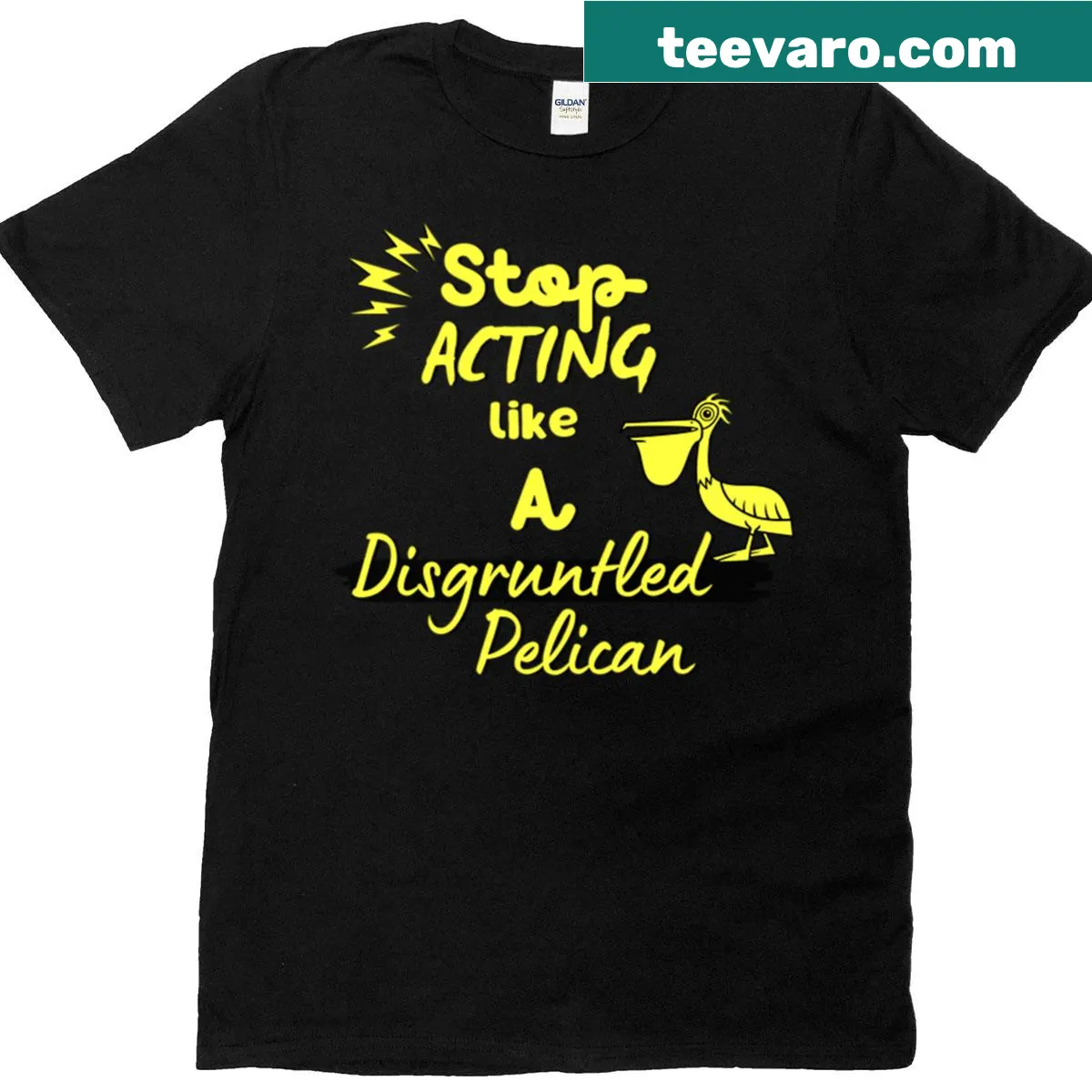 Funny t-shirt featuring a disgruntled pelican character and humorous text — on a men's t-shirt