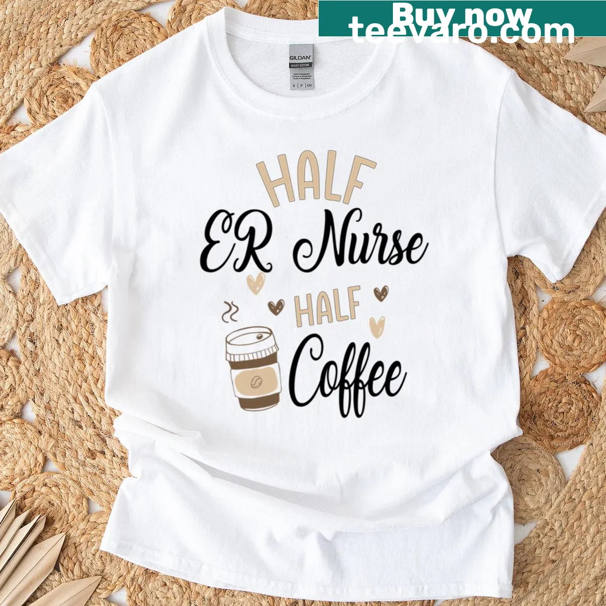 Funny ER nurse t-shirt featuring coffee graphics and humorous text — on a men's t-shirt