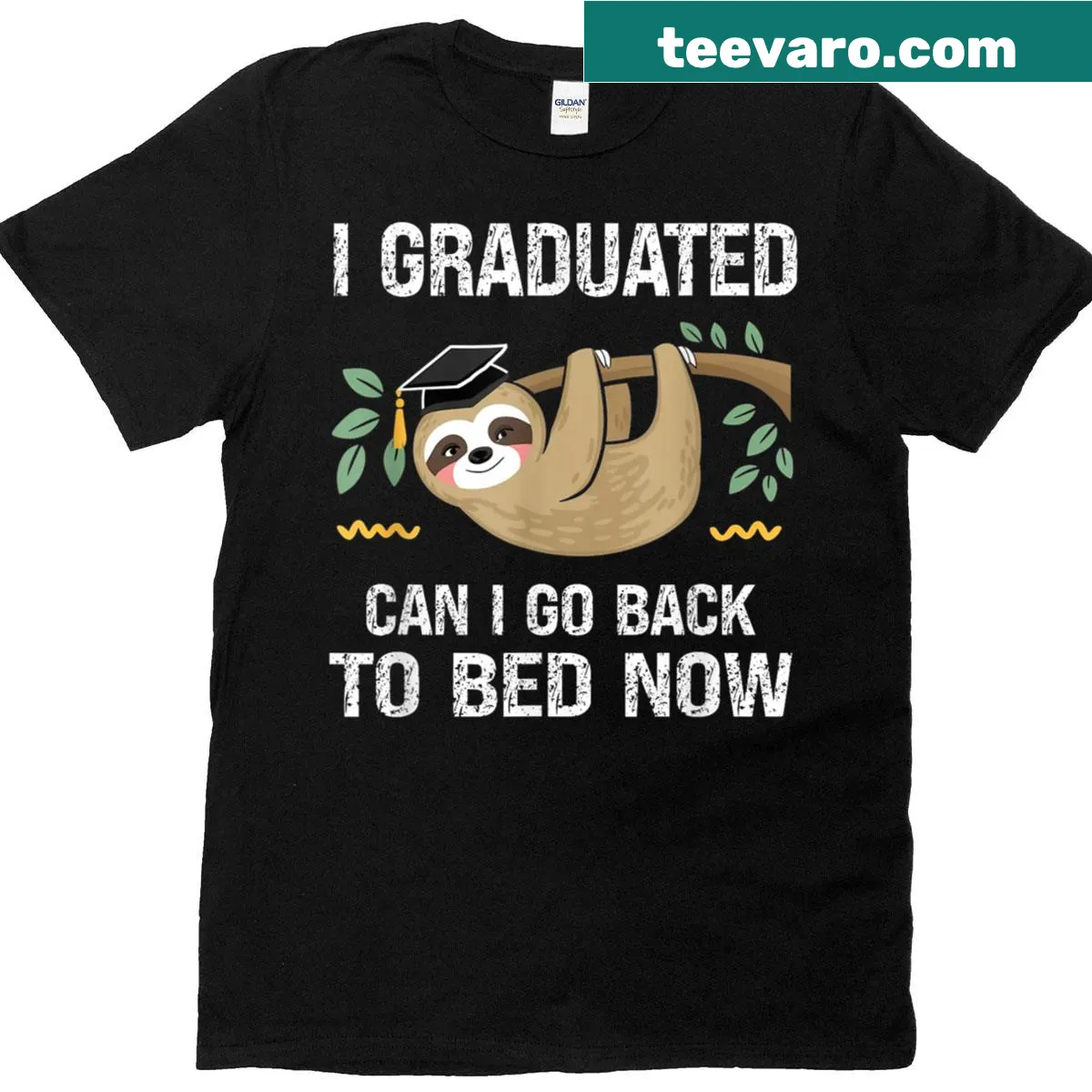 Funny graduation T-shirt with text 'I Graduated Can I Go Back To Bed Now' — on a men's t-shirt