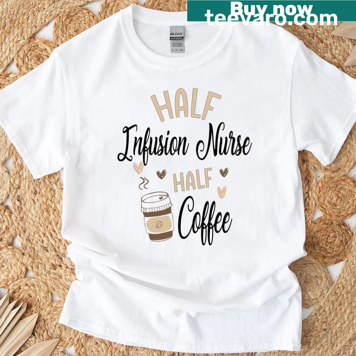 Oversized Infusion Nurse t-shirt with humorous coffee graphic — on a men's t-shirt