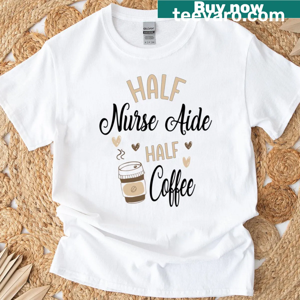Humorous t-shirt for nurse aides with coffee theme — on a men's t-shirt