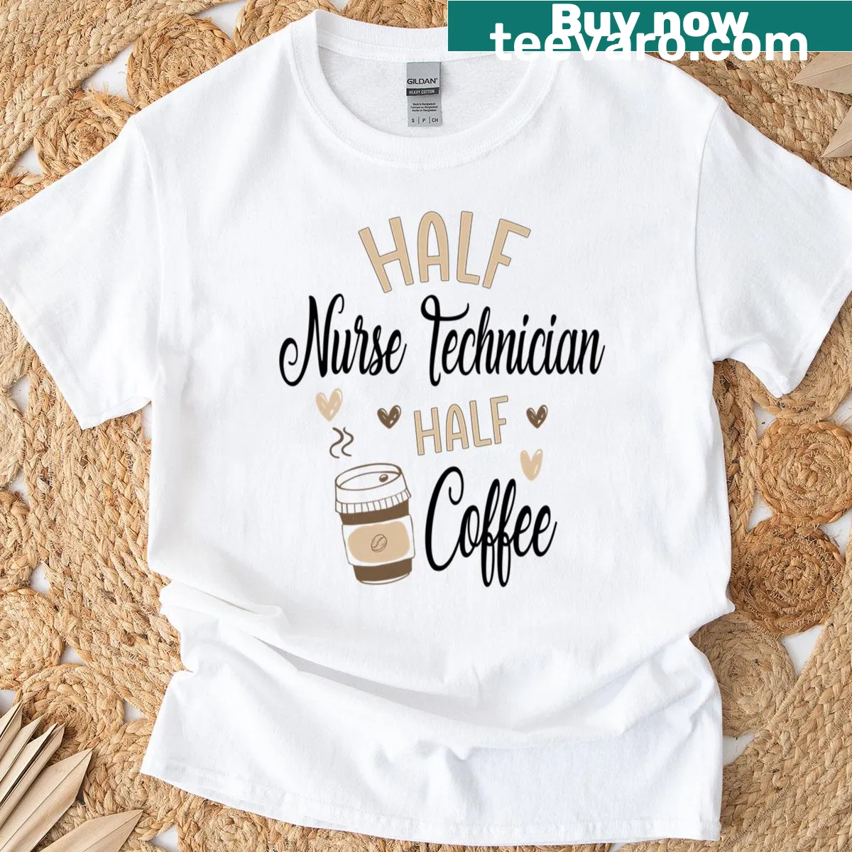 Oversized humorous t-shirt for nurse technicians with coffee theme — on a men's t-shirt