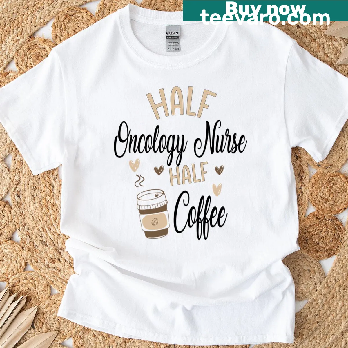 Oversized oncology nurse t-shirt with humorous coffee graphic — on a men's t-shirt