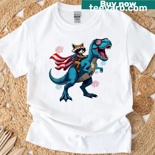 Funny raccoon riding T-Rex with American flag illustration