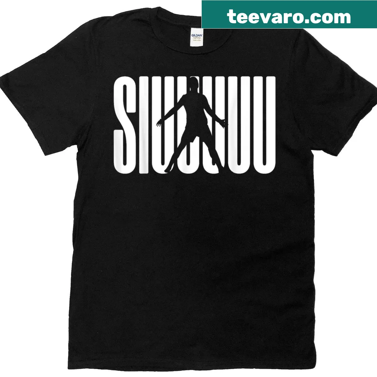 T-shirt featuring the phrase 'Siuuu' and soccer-themed graphics. — on a men's t-shirt