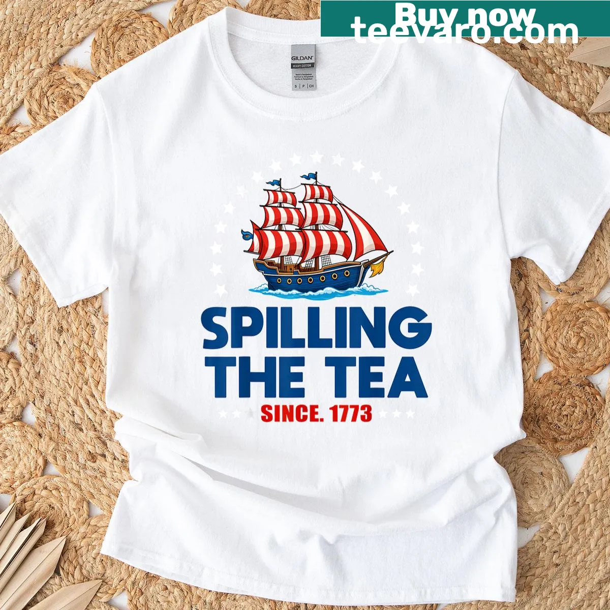 Humorous Fourth of July t-shirt referencing the Boston Tea Party — on a men's t-shirt