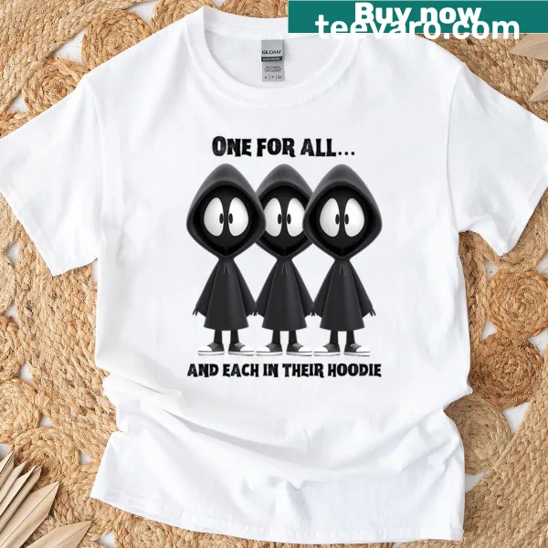 Cute cartoon trio t-shirt with the phrase 'One For All' and playful graphics
