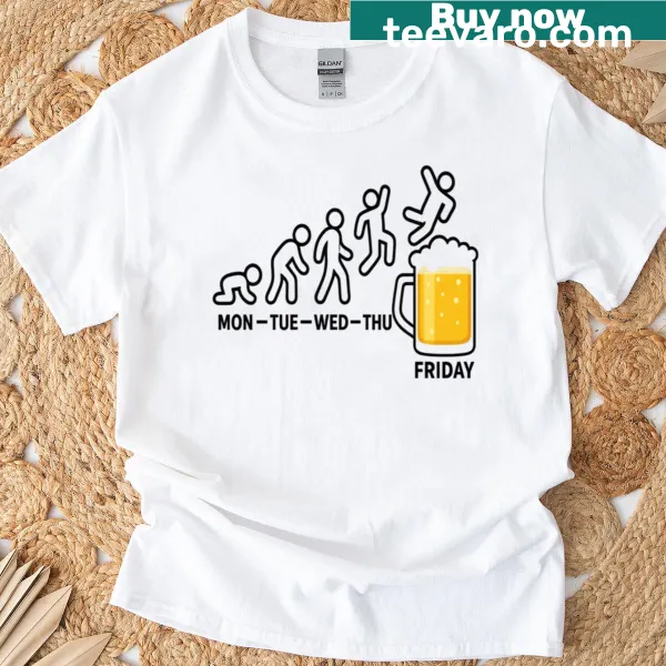 Funny beer mug graphic celebrating the evolution of the week