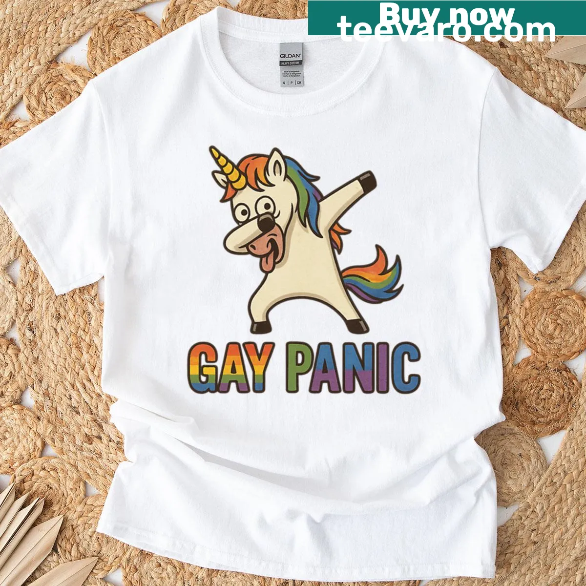 Dabbing unicorn T-shirt with pride design — on a men's t-shirt