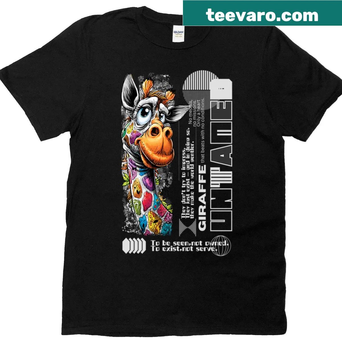 Whimsical giraffe graphic T-shirt featuring cartoon art for animal lovers — on a men's t-shirt