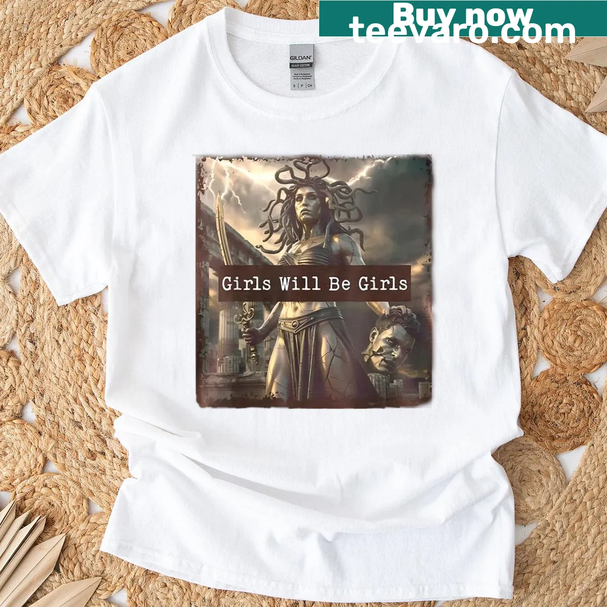Feminist t-shirt featuring an illustration of Medusa for girls and women — on a men's t-shirt