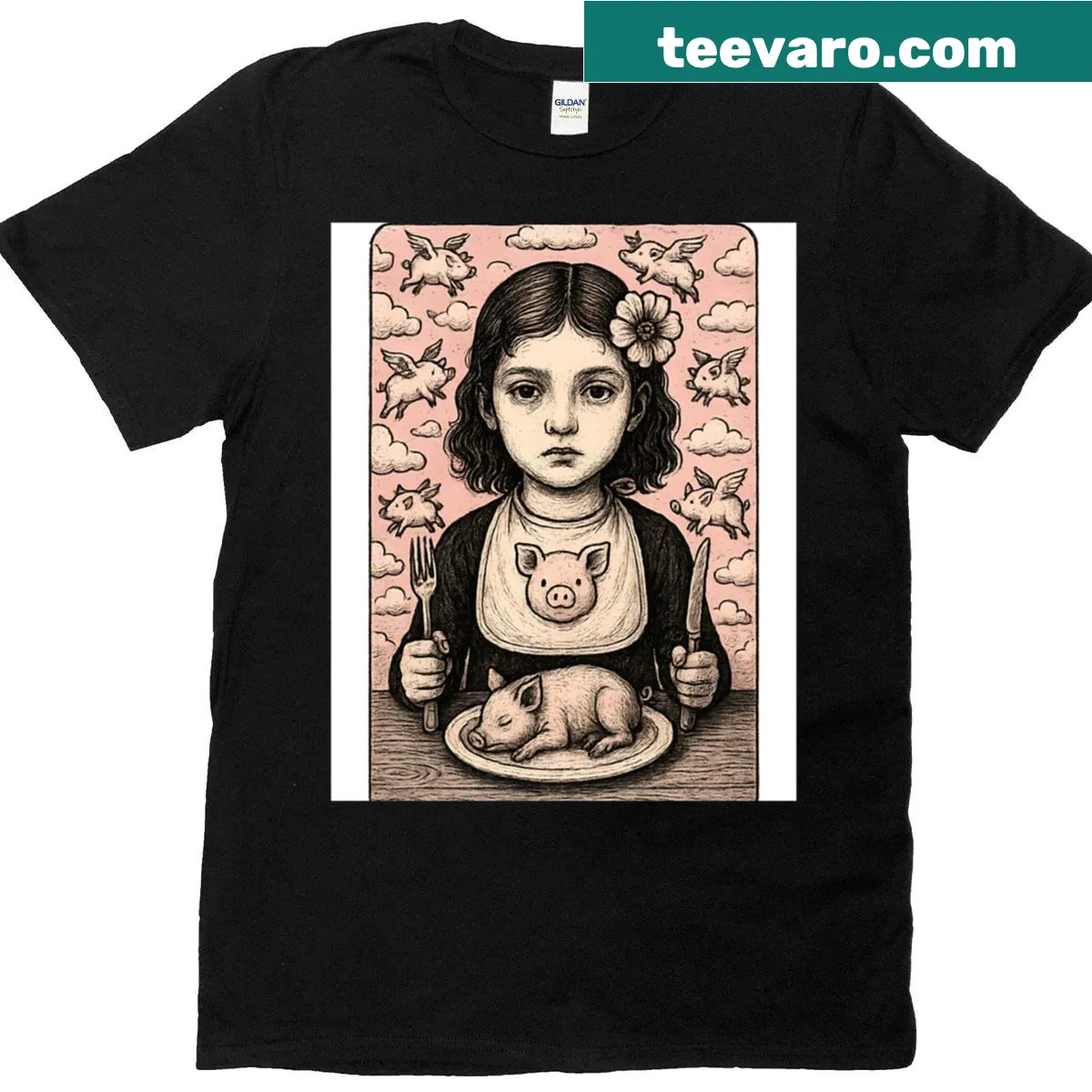 Whimsical vegan art graphic T-shirt featuring girl and pig — on a men's t-shirt