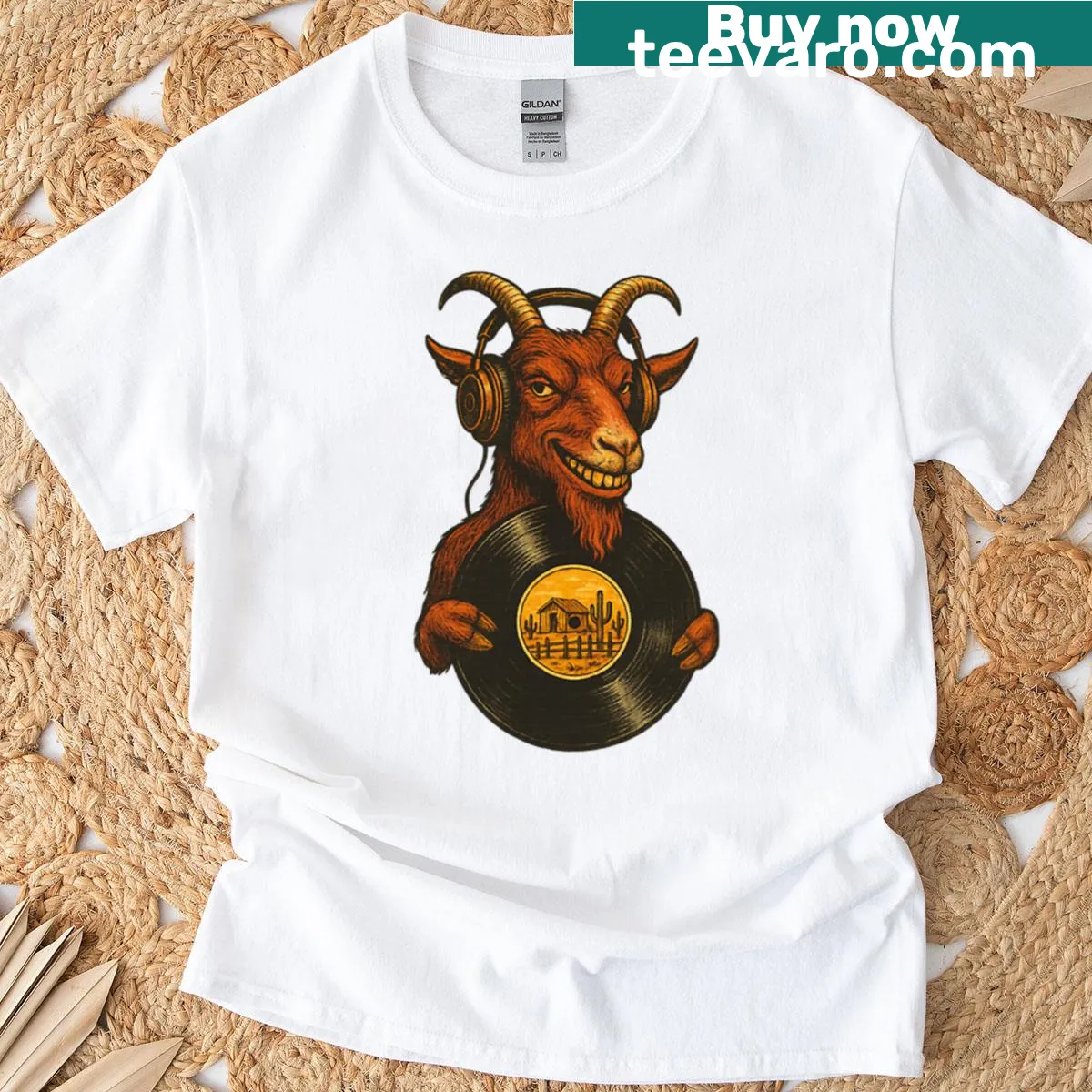 Goat graphic wearing headphones on a vintage vinyl design T-shirt — on a men's t-shirt