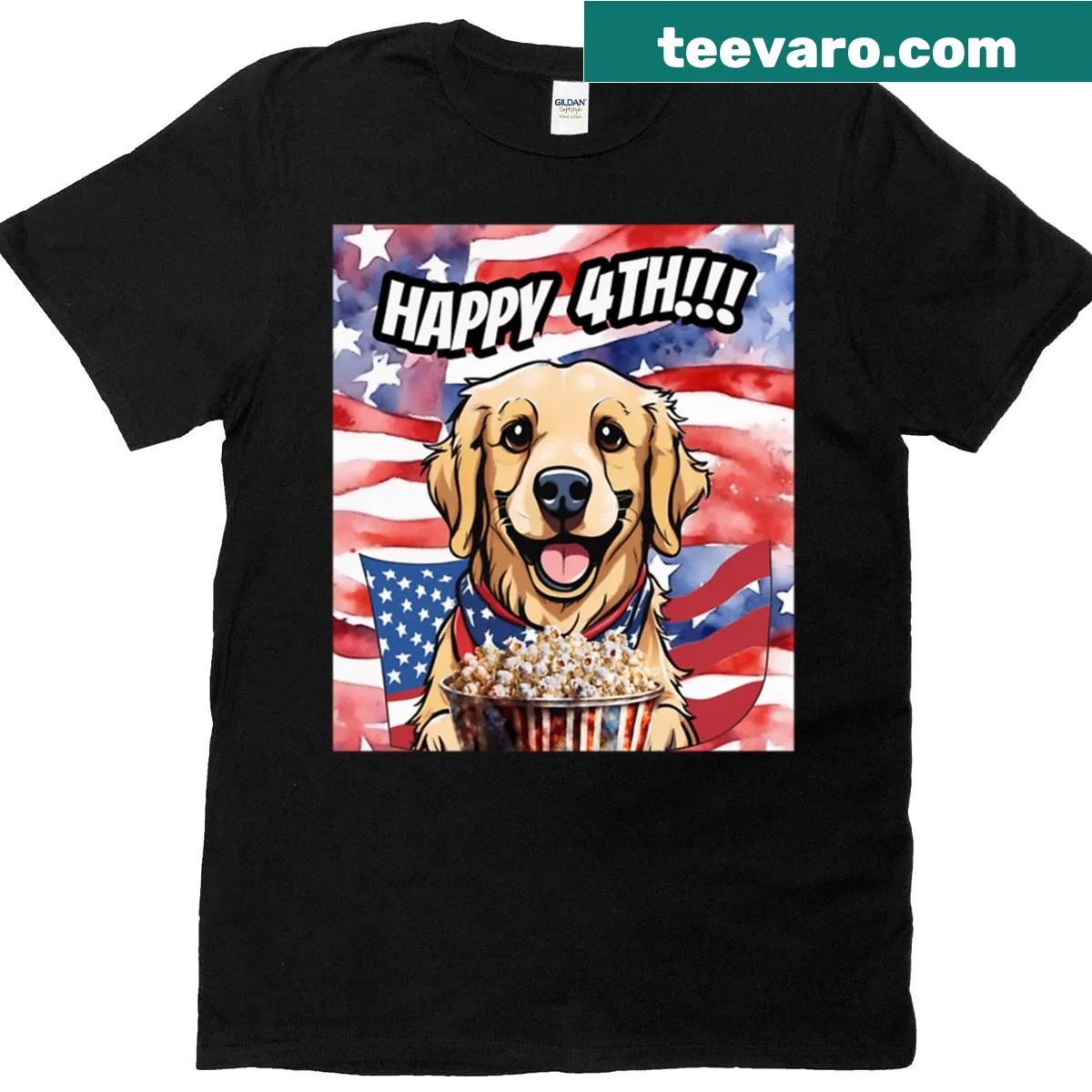 Oversized T-shirt with a golden retriever and American flag graphic — on a men's t-shirt