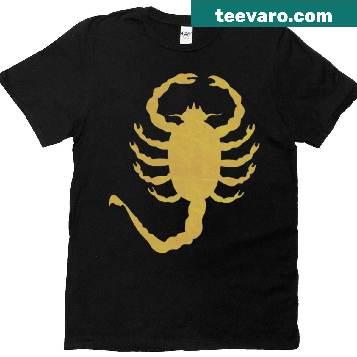 Retro Golden Scorpion emblem on a vintage-style oversized t-shirt — on a men's t-shirt