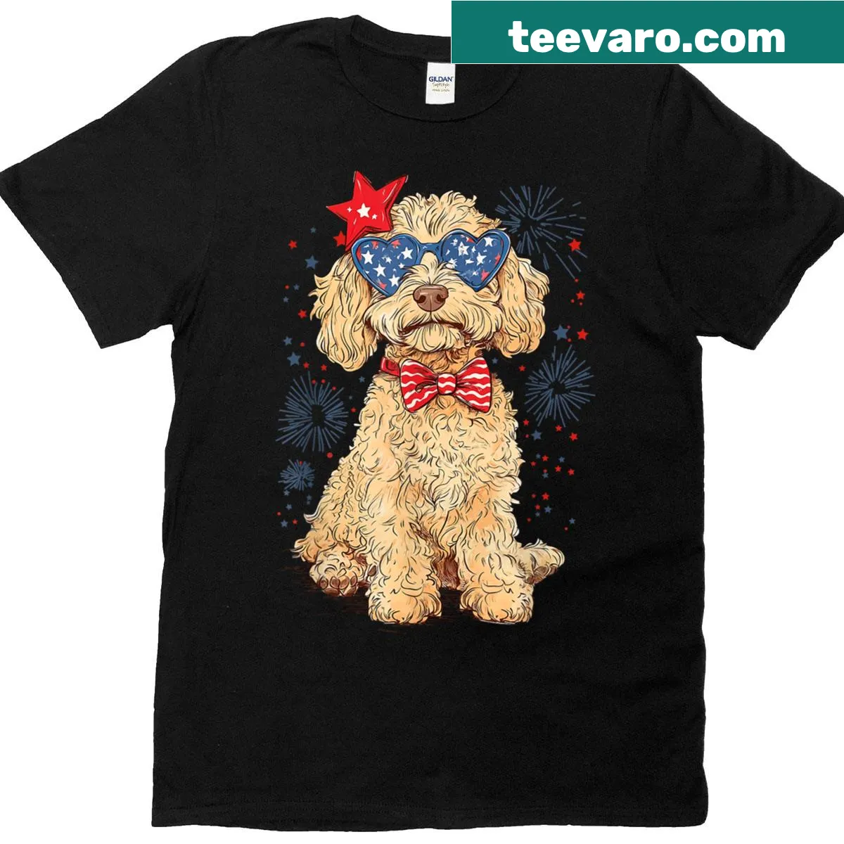 Patriotic Goldendoodle T-shirt for July 4th celebrations — on a men's t-shirt