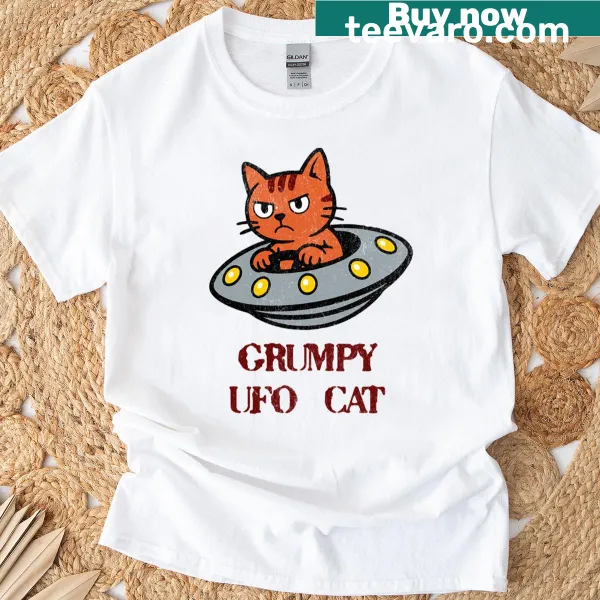Cartoon t-shirt featuring a grumpy UFO cat graphic