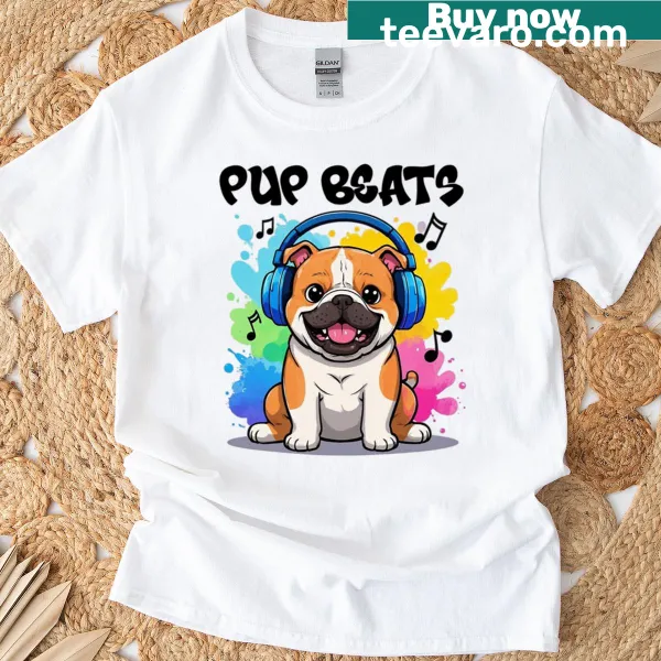 Cartoon T-shirt featuring a bulldog with headphones, celebrating music
