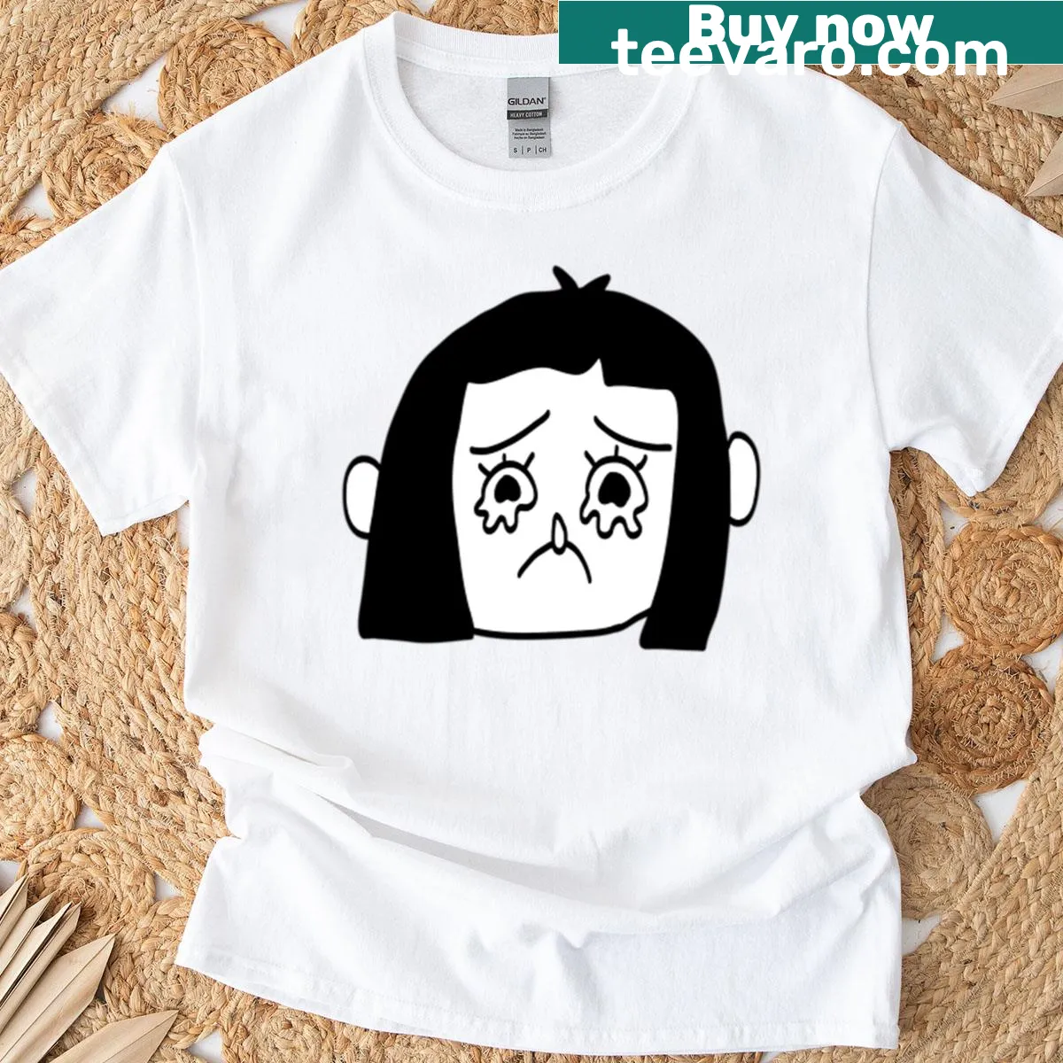 Funny character girl graphic t-shirt expressing mixed emotions — on a men's t-shirt