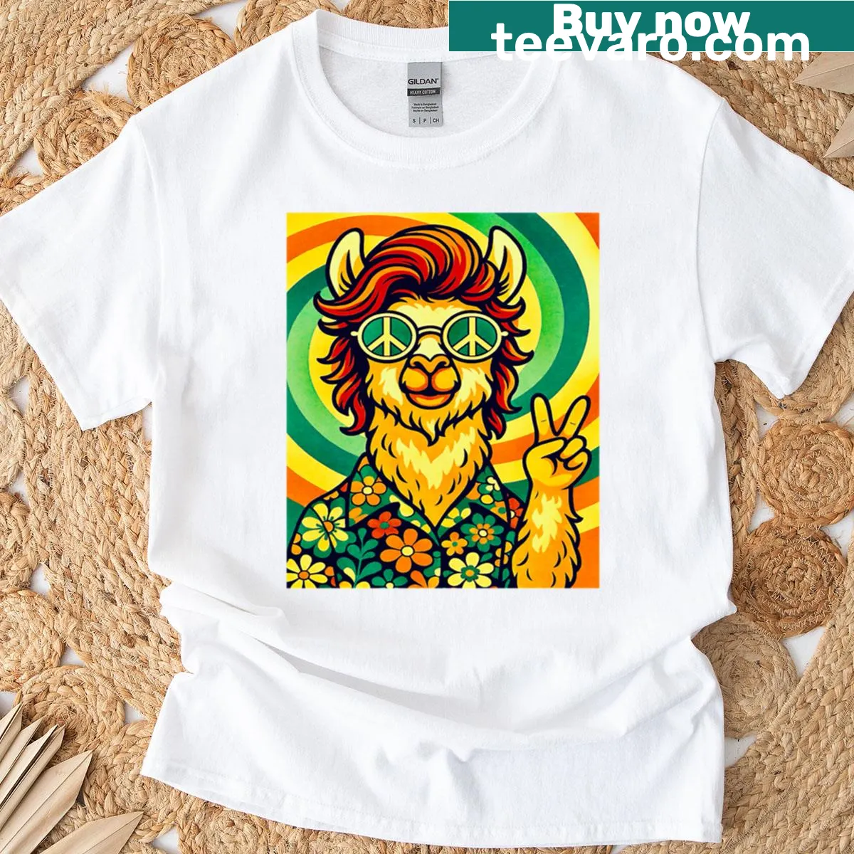 Playful t-shirt with a hippie llama graphic and peace symbols — on a men's t-shirt