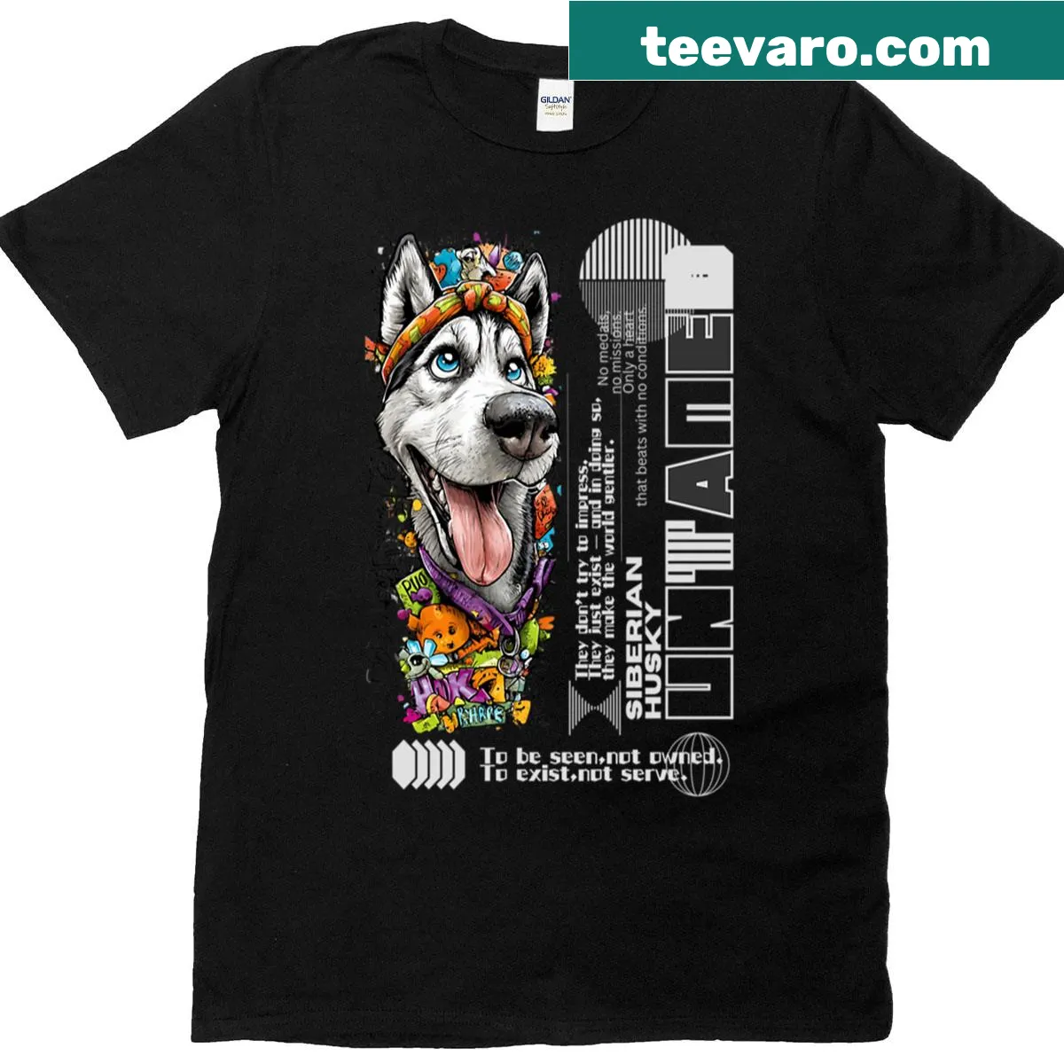 Cartoon Husky graphic on streetwear style t-shirt for dog lovers — on a men's t-shirt