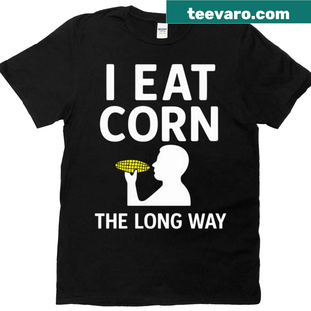 Humorous shirt with funny text about eating corn — on a men's t-shirt