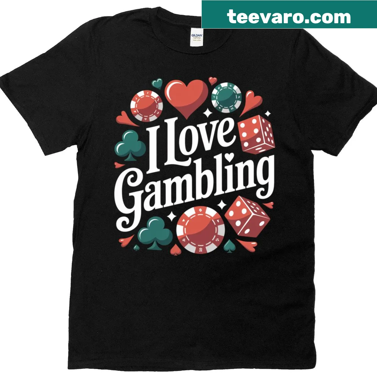 Gambling-themed graphic t-shirt with poker chips and cards — on a men's t-shirt