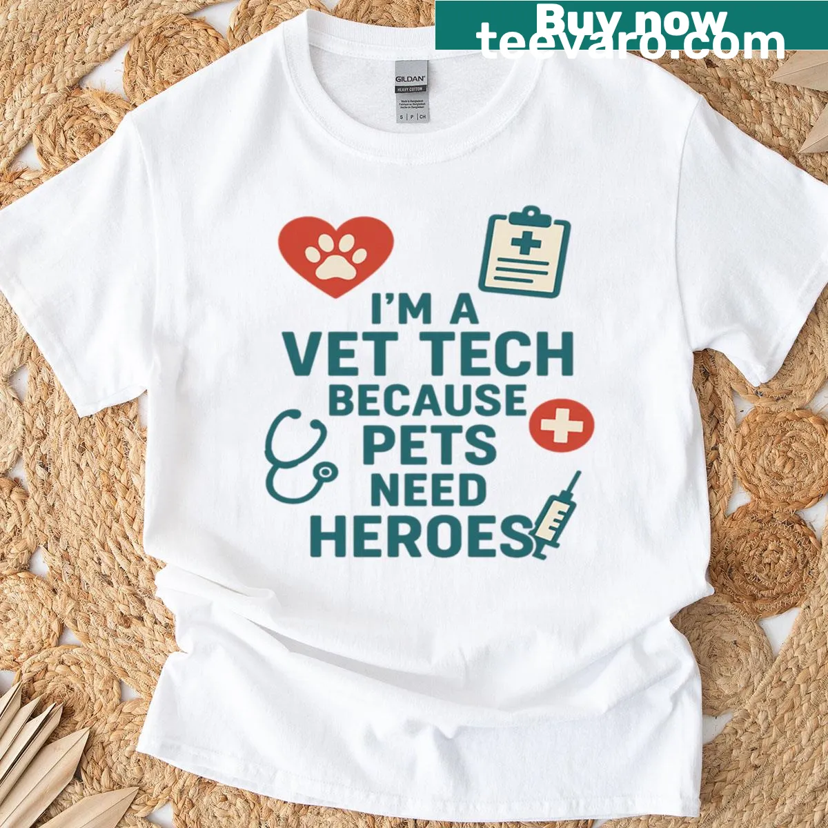 T-shirt with the phrase 'I'm A Vet Tech Because Pets Need Heroes' in bold text — on a men's t-shirt