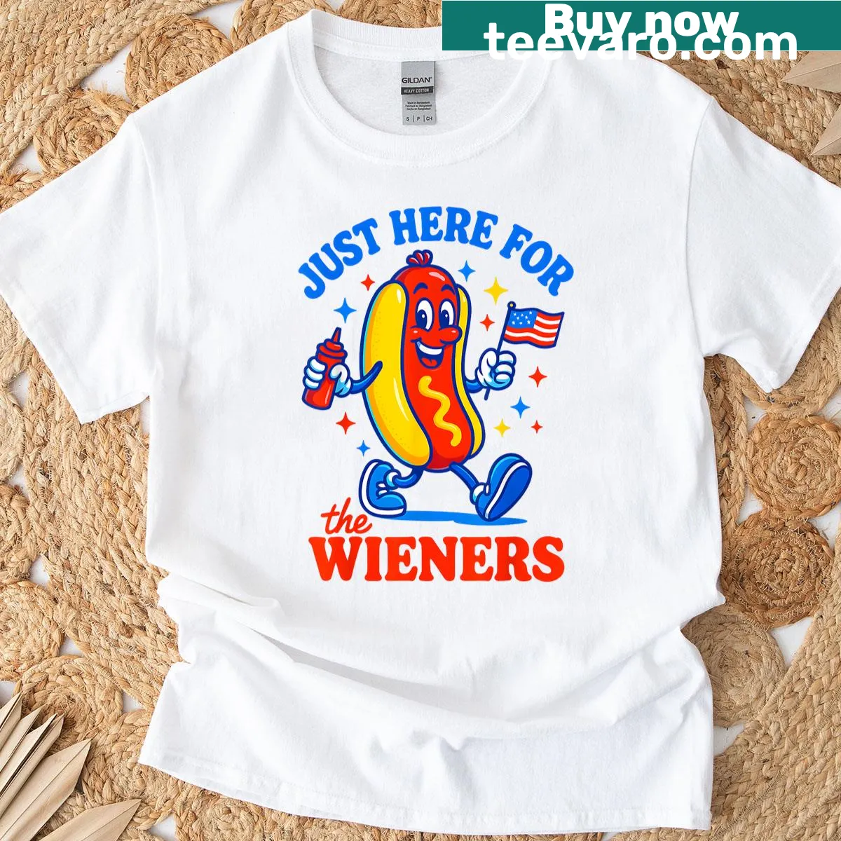 Funny 4th of July T-shirt with the phrase 'I'm Just Here For The Wieners' — on a men's t-shirt
