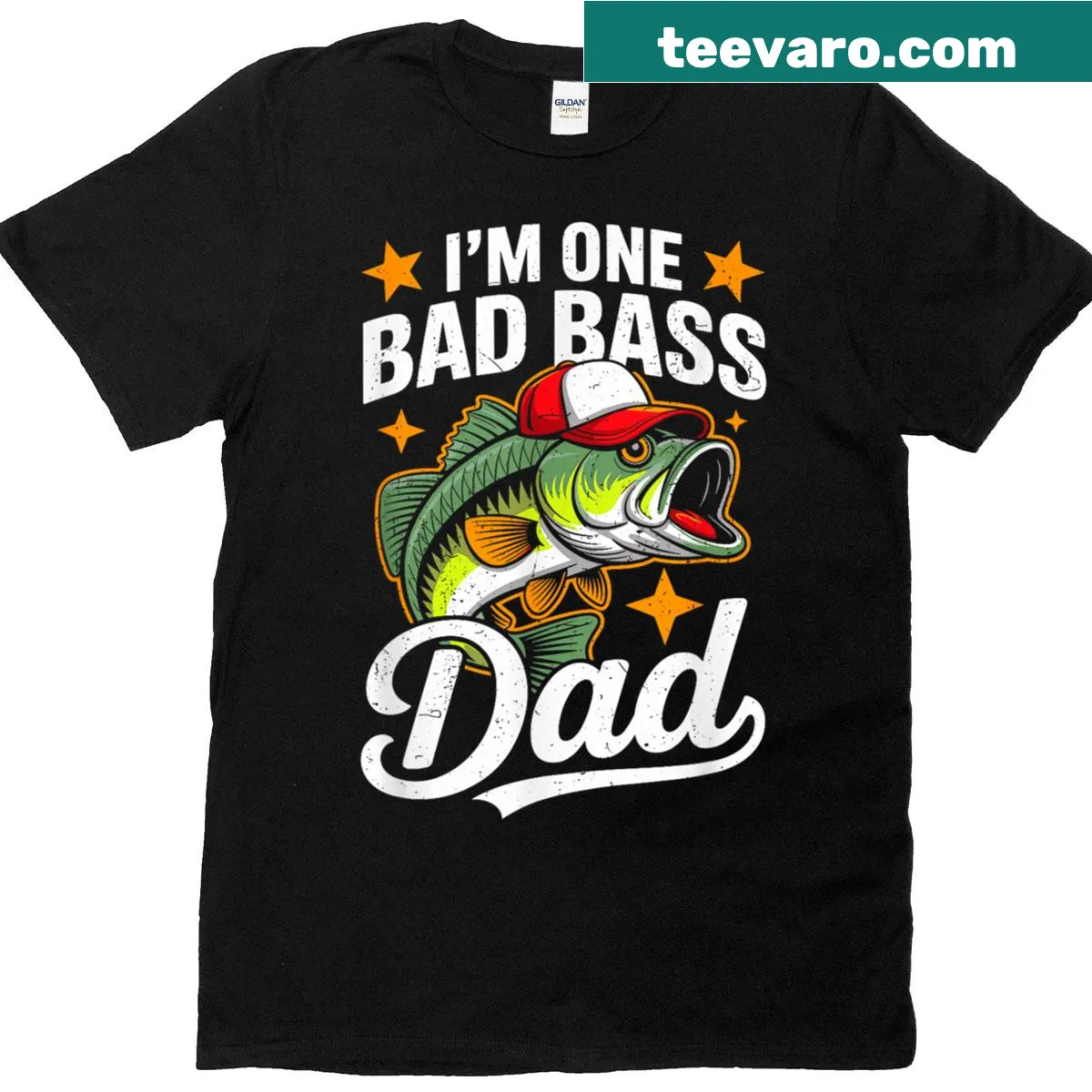 Funny T-shirt for dads that says 'I'm One Bad Bass Dad' with fishing design. — on a men's t-shirt