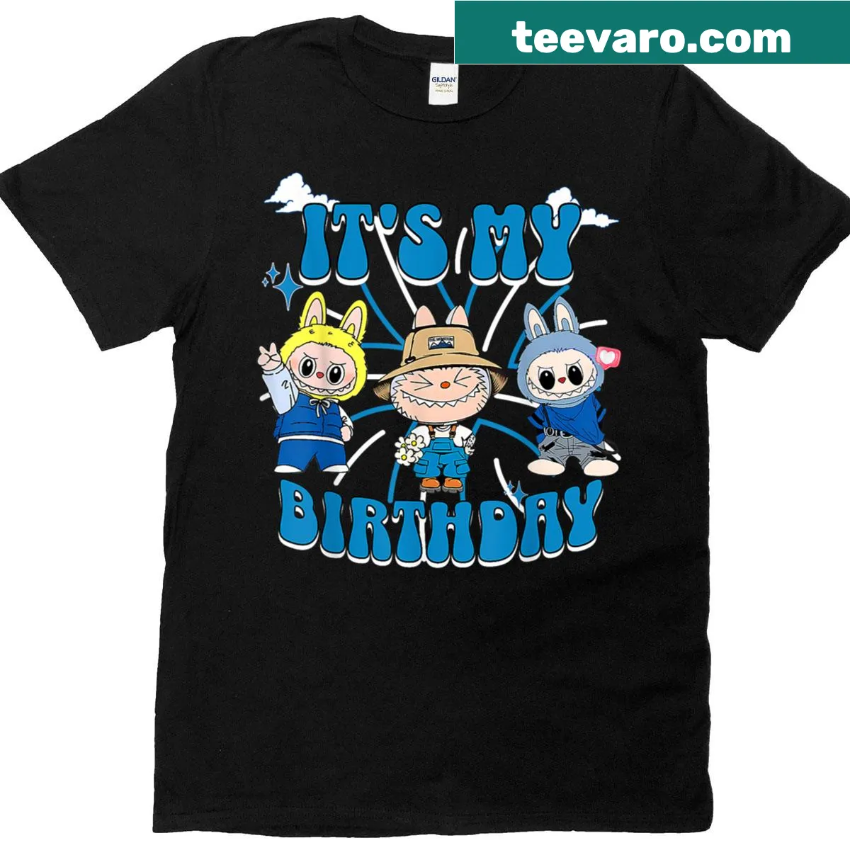 Cartoon Labubu monster t-shirt for birthdays — on a men's t-shirt